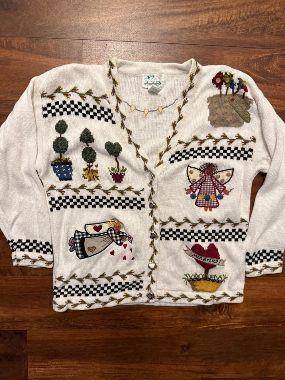 Vtg Quacker Factory White Embroidered Cardigan with Checker and Garden Motifs